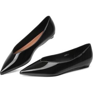 Reitoye Womens Size 8.5 Shiny Black Low Heel Slide On Pointed Toe Flats Shoes